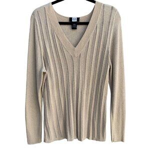 Studio 1940 Womens Beige Metallic Party Open Knit Deep V-Neck Sweater 22/24W